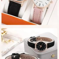 4pcs Fashion Simple Lovers Set Watches Luxury Men Women Leather Quartz Watch for Rose Gold Business , снимка 2 - Дамски - 40632102