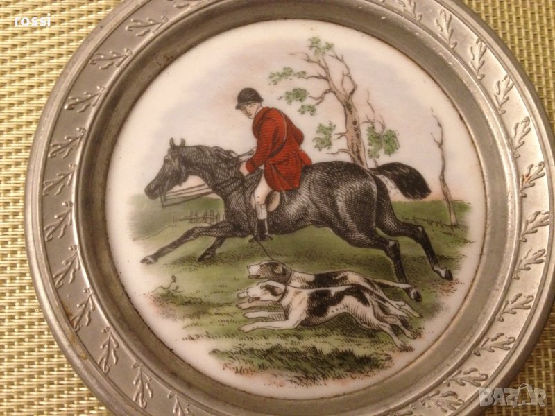 Нови! Старинни немски чинии ловна тематика рисуван порцелан и калай, чиния чинийки, снимка 1