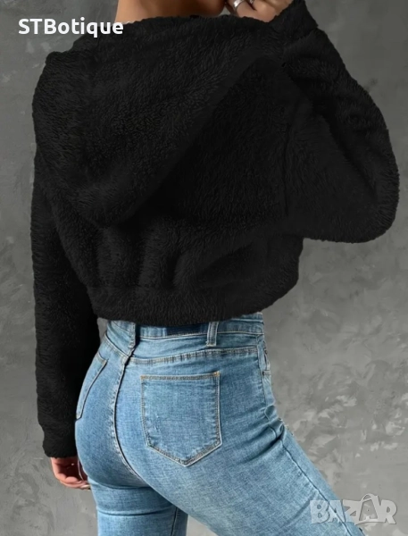 🧥 Черно/Бяло плюшено дамско палто с качулка – STBoutique, снимка 1