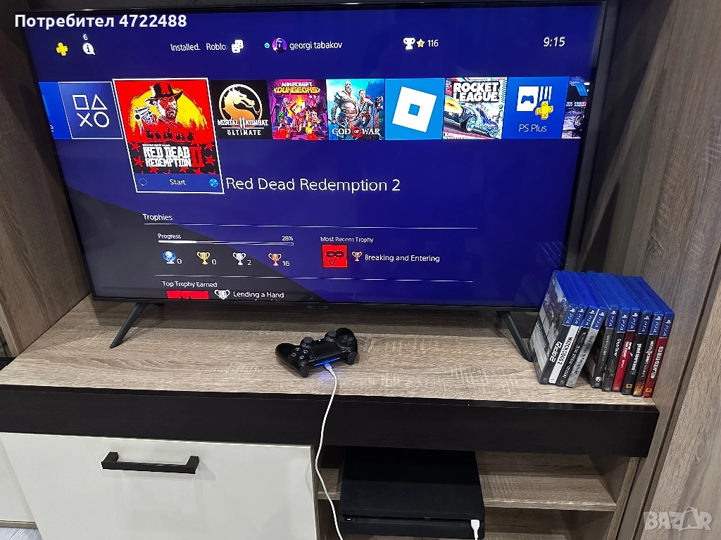 PS4 Slim 400 GB + контролер + кабели + 10 оригинални игри , снимка 1
