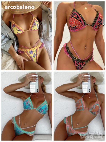 Дамски бански костюм с етнически принт и връзки, 4цвята , снимка 1