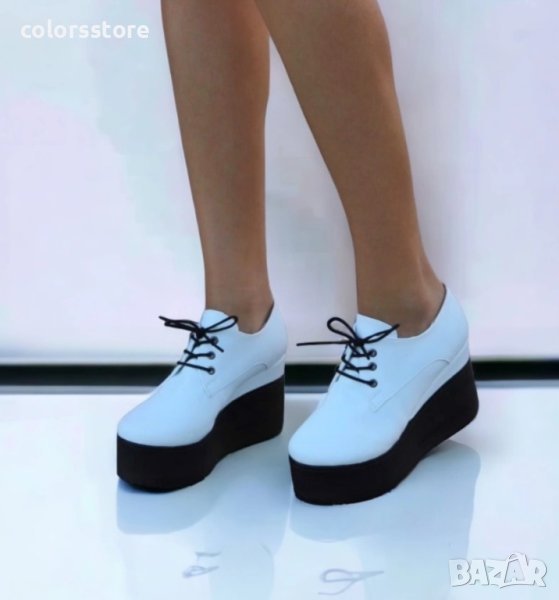Обувки на платформа - бяла кожа с черно ходило - 120K, снимка 1