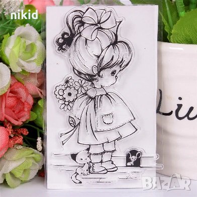 Момиченце с опашка и букет малък силиконов гумен печат декор украса бисквитки фондан scrapbooking, снимка 1