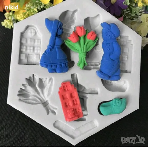 дете деца вятърна мелница сграда обувка цървули цветя лалета силиконов молд форма фондан, снимка 1