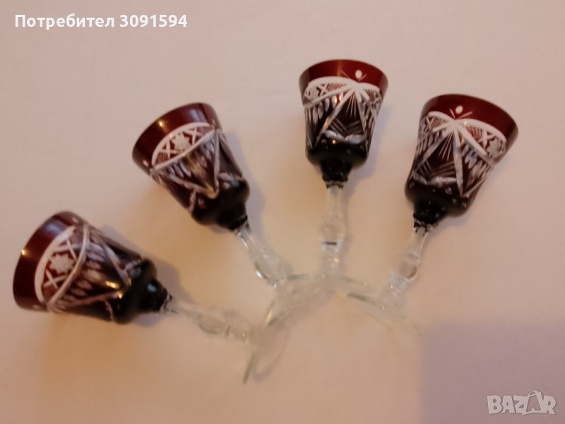 4 Чаши за вино , шампанско от червен рязан кристал, снимка 1