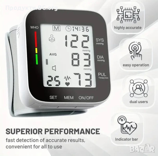 Автоматичен апарат за кръвно налягане за китка с голям дисплей и памет, снимка 1