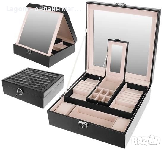 Кутия за бижута и часовници с огледало, отделящи се отделения и ключалка с ключ, екокожа, снимка 1