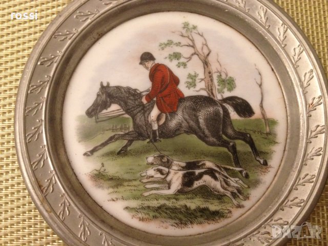 Нови! Старинни немски чинии ловна тематика рисуван порцелан и калай, чиния чинийки