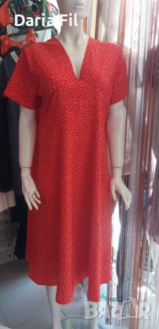 Червена рокля на ситни бели точици с остро деколте, снимка 4 - Рокли - 37500205