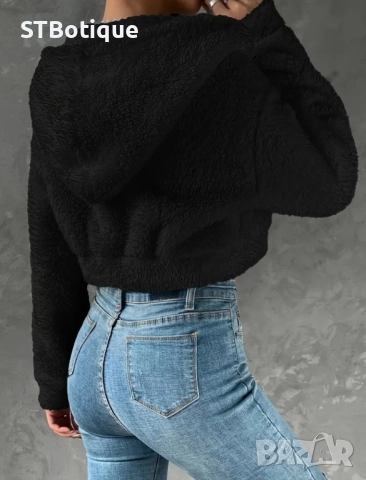 🧥 Черно/Бяло плюшено дамско палто с качулка – STBoutique