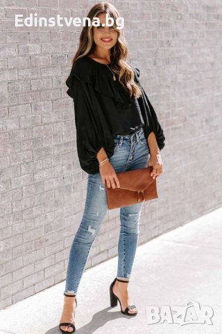 Дамска блуза в черно с дълъг ръкав и къдрички, снимка 6 - Блузи с дълъг ръкав и пуловери - 40698207