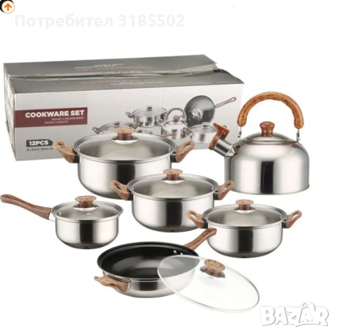 Комплект от 12 части за всяка кухня. 3бр тенджери, тиган, касерола и чайник и капаци, снимка 7 - Прибори за хранене, готвене и сервиране - 51433529