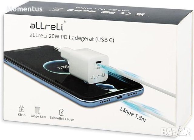 aLLreLi USB-C зарядно устройство 20 W PD 3 с 1,8 м кабел, USB-C към USB-C захранване, бързо зарядно 