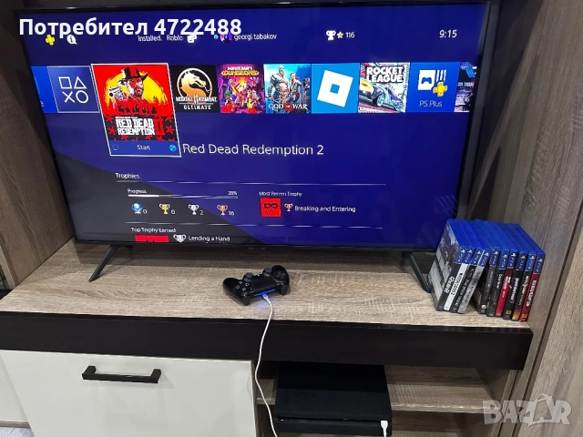 PS4 Slim 400 GB + контролер + кабели + 10 оригинални игри 