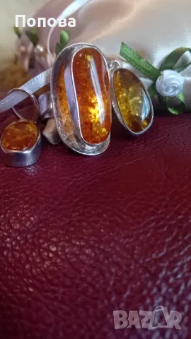 Дизайнерски сребърен комплект  с естествен кехлибар/обеци и пръстен/