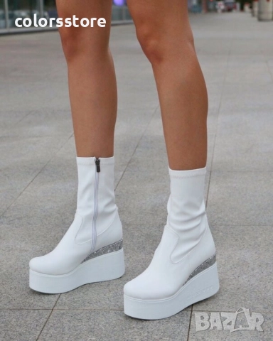 Боти на платформа - бяла кожа с бронз брокат - 121K , снимка 2 - Дамски боти - 52153090