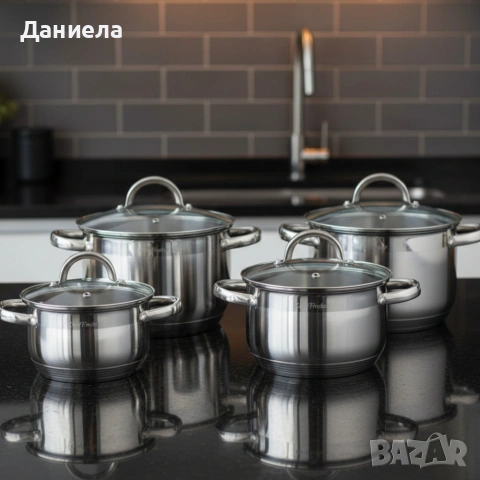 Комплект тенджери Cheffinger – 8 части инокс с капаци, за всички видове котлони, снимка 2 - Съдове за готвене - 53108622