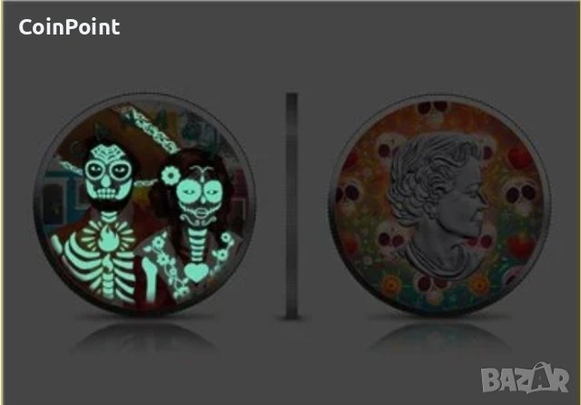 DIA DE MUERTOS Светещи в тъмното 3x1 Oz сребърни монети 5$ Канада 2022, снимка 5 - Нумизматика и бонистика - 44041352