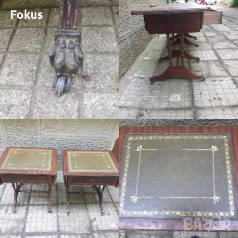 Две винтич масички от махагон със зелена кожа и златен лист, снимка 7 - Антикварни и старинни предмети - 53429510