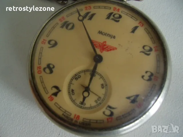№ 7991 стар джобен часовник - Molnija   - релефен орнамент - влак  - механичен  - работещ  - соц.пер, снимка 6 - Антикварни и старинни предмети - 49831459