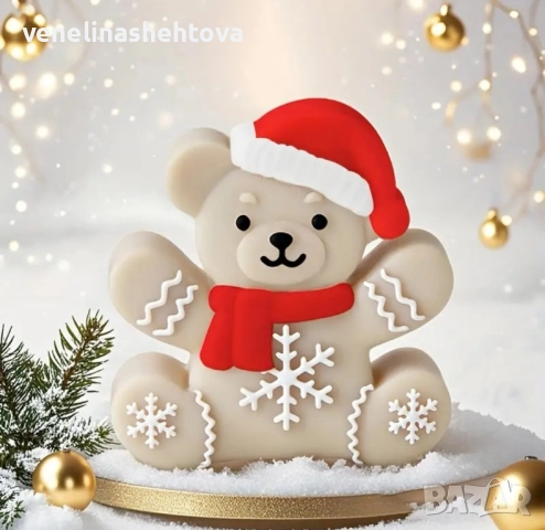 Коледно мече с шапка и шал папионка Дълбок силиконов молд форма за свещи гипс сапун смола фондан , снимка 3 - Форми - 44179983