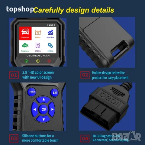 Нов тестван YM509 OBD2 скенер, диагностичен инструмент, 2.8-инчов цветен екран, OBDII скенер..., снимка 8 - Аксесоари и консумативи - 50577191