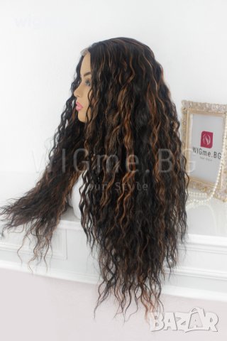 Дълга обемна чуплива тъмнокестенява перука със светлокестеняви кичури Елина, снимка 8 - Аксесоари за коса - 37939451