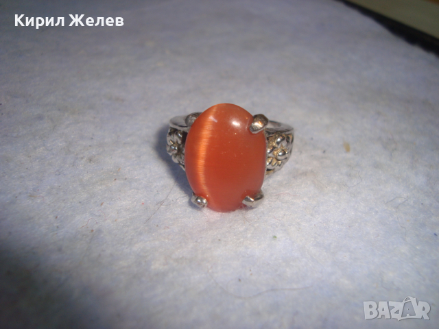 СРЕБРИСТ СТИЛНО ОРНАМЕНТИРАН ДАМСКИ АРТ ДЕКО ПРЪСТЕН с РОЗОВО КОТЕШКО ОКО 16727, снимка 2 - Пръстени - 36377524