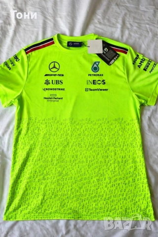 Mercedes AMG Petronas F1 тениска – оригинална, неон зелена, размер L (Slim Fit), снимка 4 - Тениски - 52920491