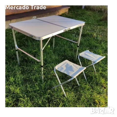 Маса за Къмпинг + 2 броя Столове, Сив-Бял, снимка 2 - Маси - 49660812