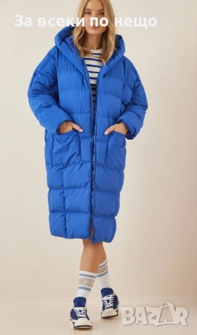 Дамско Дълго Синьо Зимно Яке Със Силиконов Пълнеж И Качулка Код S11, снимка 2 - Якета - 52393464