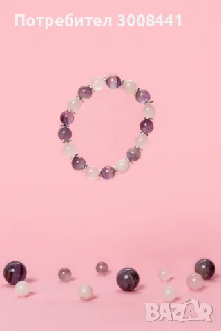 Хармонична и любовна гривна от лавандулов Аметист и Розов кварц, снимка 2 - Гривни - 49012316