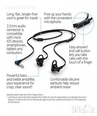 Слушалки с микрофон HP 150 Headset тапи черни Хендсфри Handsfree слушалки за телефон In-Earphones , снимка 4 - Слушалки, hands-free - 34921298