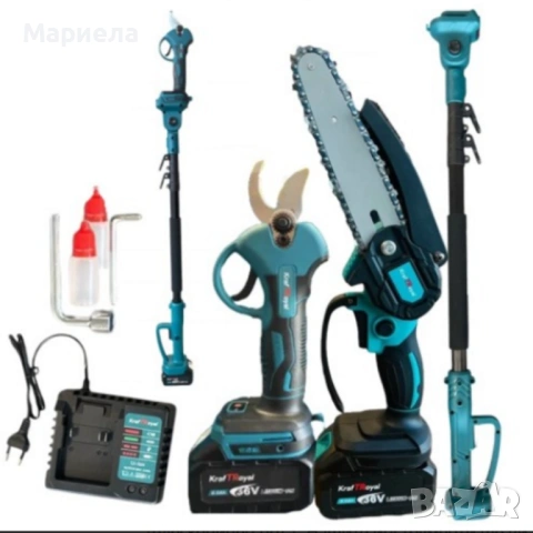 Комплект 3 в 1 от акумулаторна лозарска ножица, акумулаторен мини верижен трион и телескопичен прът