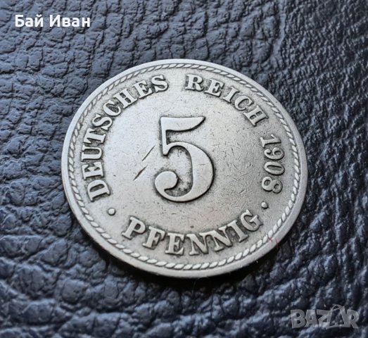 Стара монета 5 пфенига 1908 г. буква А - Германия - топ цена !, снимка 8 - Нумизматика и бонистика - 39767248