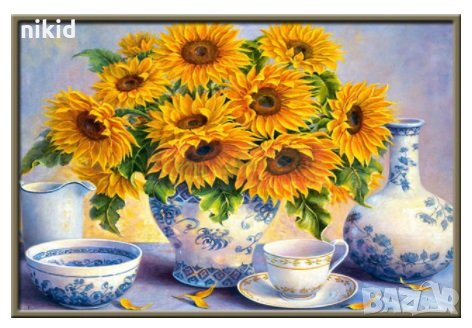 Сервиз и ваза слънчогледи 5D гоблен диамантен гоблен картина мозайка за направа по схема с камъчета