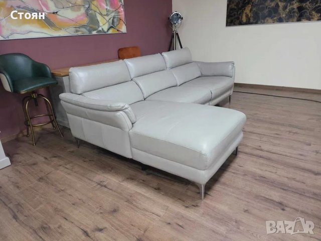 Сив кожен ъглов диван с електрически релаксиращ механизъм, снимка 4 - Дивани и мека мебел - 43429018