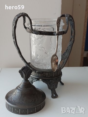 Стара антикварна захарница или съд за лед(метал стъкло), снимка 4 - Други ценни предмети - 40820061