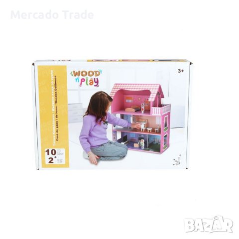 Дървена къща за кукли Mercado Trade, С мебели, 2 фигури, Дърво, снимка 2 - Образователни игри - 43289663
