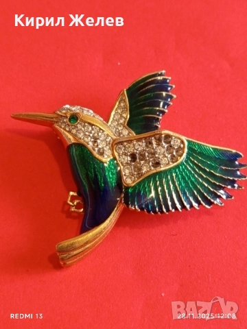Винтидж брошка Колибри Attwood - Sawyer с 22 карата златно покритие Сваровски  емайл 75081, снимка 5 - Колиета, медальони, синджири - 52571885