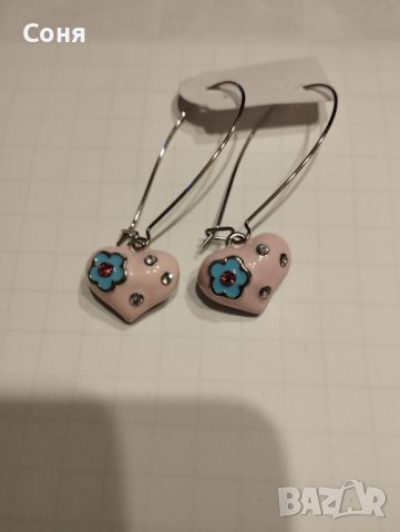 Обици, обеци розови сърца  с камъни, снимка 6 - Обеци - 40315259