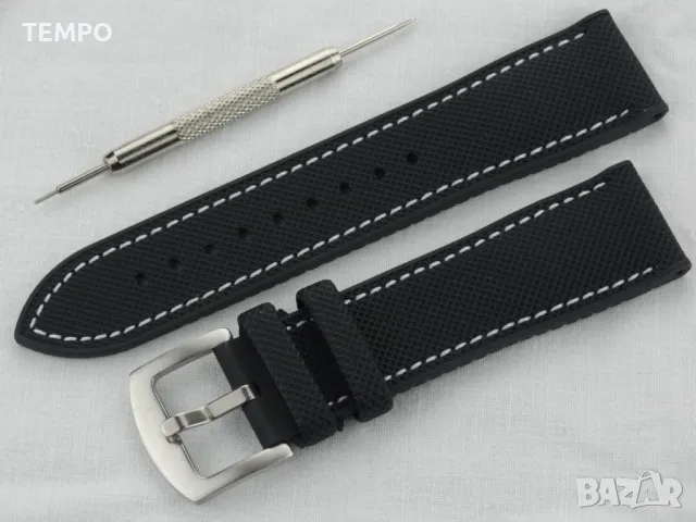 СИЛИКОНОВА КАИШКА ЧЕРНА С БЯЛ ШЕВ- 22мм + ПОДАРЪК, снимка 4 - Каишки за часовници - 48451394