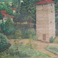 Картина, Часовниковата кула в Златица, Н. Шопов, 1986 г., снимка 3 - Картини - 32369588