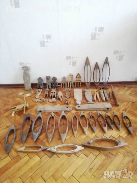 Стари предмети части от дървен стан за тъкане на ръка и уред за продерии. , снимка 1