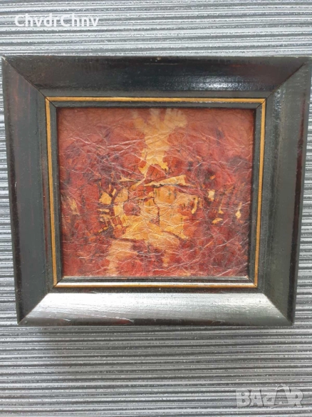 Пламен Костов/21x19см/малка българска картина акрил върху картон/пейзаж-стари къщи/дървена рамка, снимка 1