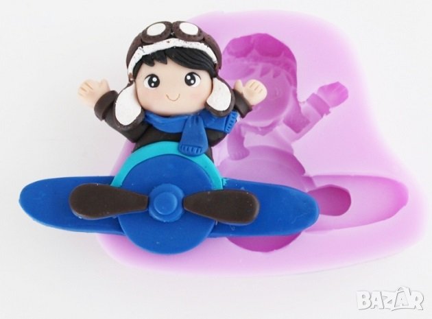 момче на самолет авиатор пилот силиконов молд форма фондан гипс смола пано декор, снимка 1