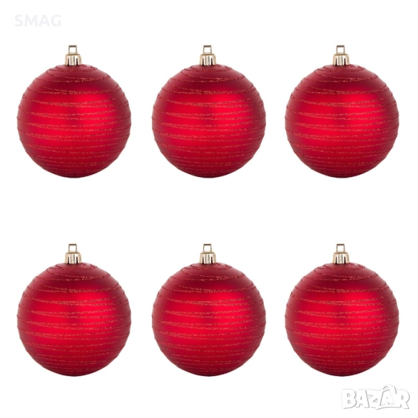 Комплект коледни топки за елха – червени с райе, матови с брокат, Ø10 см – 6 броя_1072176, снимка 1