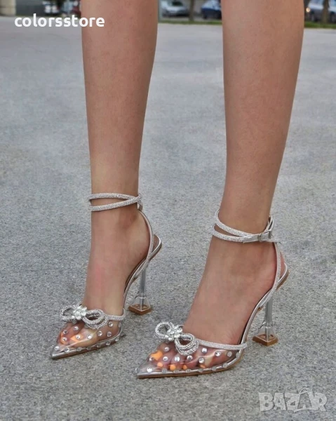 Сандали на ток - прозрачен силикон със сребрист акцент - BY80

, снимка 1