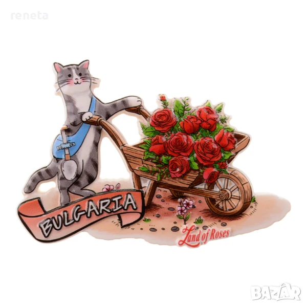 Магнитна фигурка, Коте с рози, Керамична, 9х6 см, снимка 1