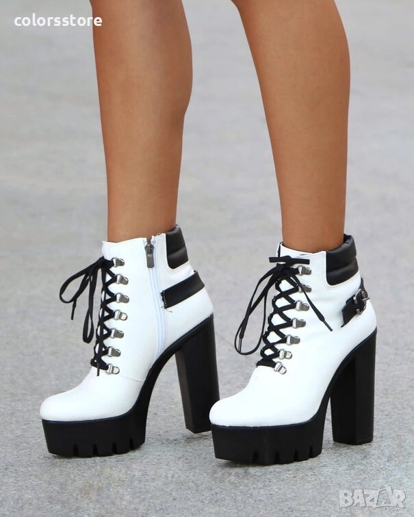 Боти на ток - бяла кожа с черно ходило - BT14, снимка 1